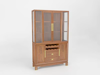 Classic Wooden Wine Cabinet Design With Glass Doors Wine Rack Drawer And Golden Handles 3d model