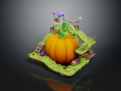 Whimsical Cottage Building With Purple Roof Giant Pumpkin Winding Vines And Ladder Path 3d model