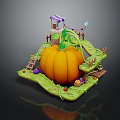 Whimsical Cottage Building With Purple Roof Giant Pumpkin Winding Vines And Ladder Path