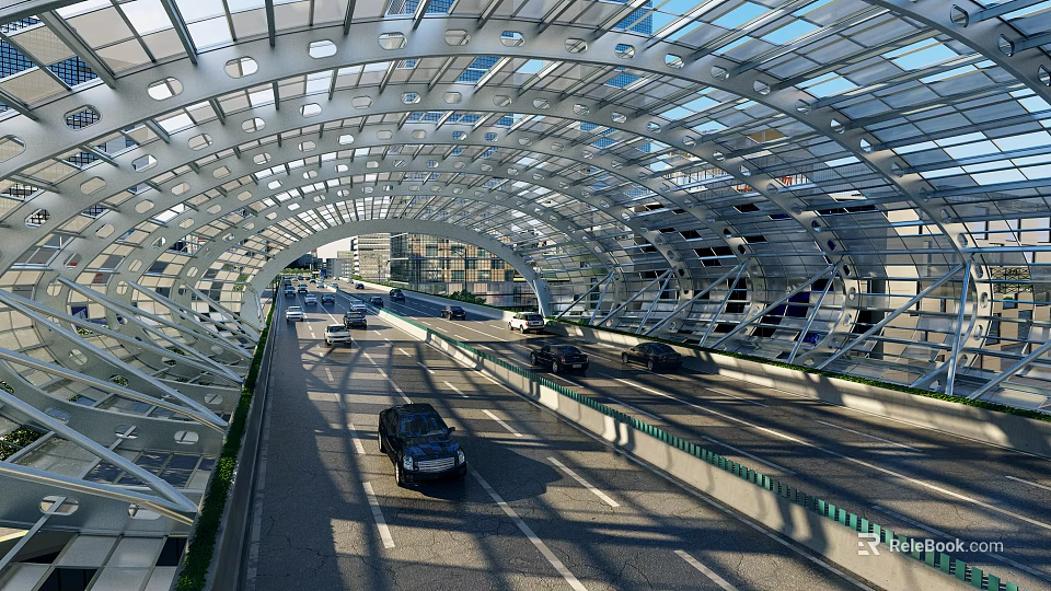 Modern Arch Shaped Road Infrastructure With Transparent Roof Metal Framework And Vehicles 3d model 