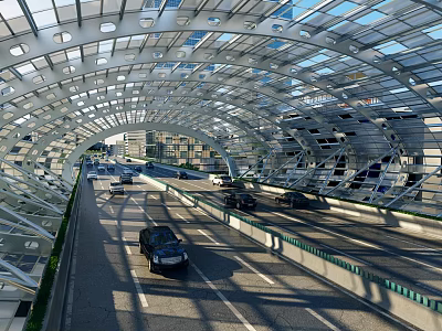 Modern Arch Shaped Road Infrastructure With Transparent Roof Metal Framework And Vehicles 3d model