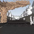 Artistic Entrance Gate Featuring Wooden Stick Structure Trees Driveway And Pedestrians
