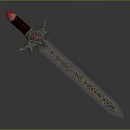 Ornate Fantasy Sword With Brown Hilt Red Gemstones And Carved Blade