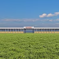Modern Flower Market Building With Glass Structure Green Lawn And Red Signage