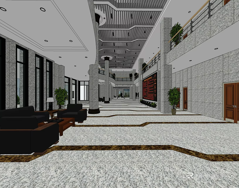 Front Desk Reception Area In Spacious Modern Lobby With Marble Flooring And Sofa Seating 3d model