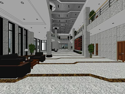 Front Desk Reception Area In Spacious Modern Lobby With Marble Flooring And Sofa Seating 3d model