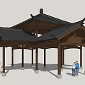 Traditional Chinese Pavilion with Wooden Structure Black Tiles Overhanging Eaves and People Underneath
