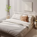 Modern Double Bed with White Sheets Brown Pillow Potted Plant Wall Art and Natural Light