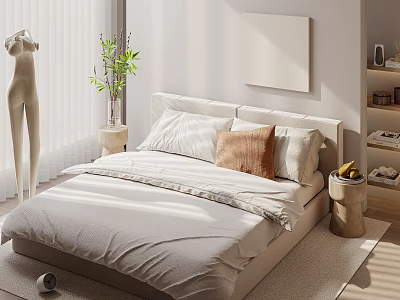 Modern Double Bed with White Sheets Brown Pillow Potted Plant Wall Art and Natural Light 3d model