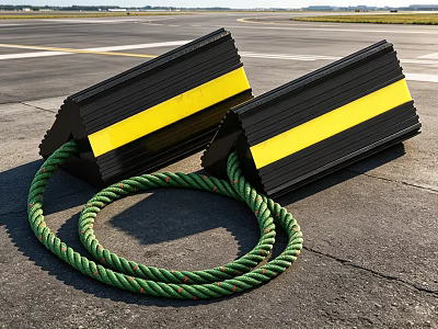 Black And Yellow Striped Road Blocks With Green Rope On Gray Asphalt 3d model