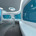 Modern Exhibition Hall With Curved Screen City Map Buildings Information Tags And Urban Model Person