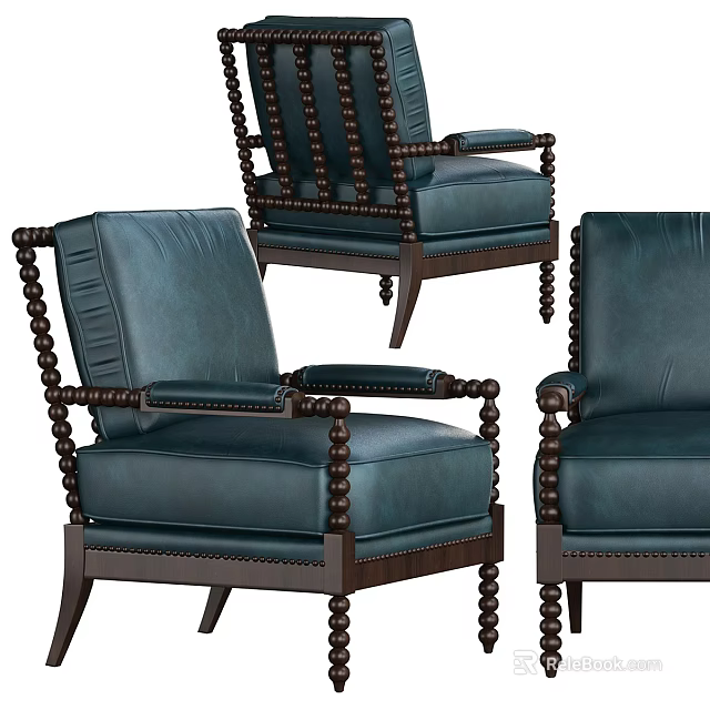 Classic Teal Leather Single Chair With Decorative Bead Accents And Wooden Frame 3d model 