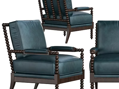 Classic Teal Leather Single Chair With Decorative Bead Accents And Wooden Frame 3d model