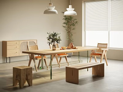 Modern Wooden Dining Table Set With Chairs Benches Pendant Lights And Plant 3d model