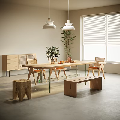 Modern Wooden Dining Table Set With Chairs Benches Pendant Lights And Plant 3d model