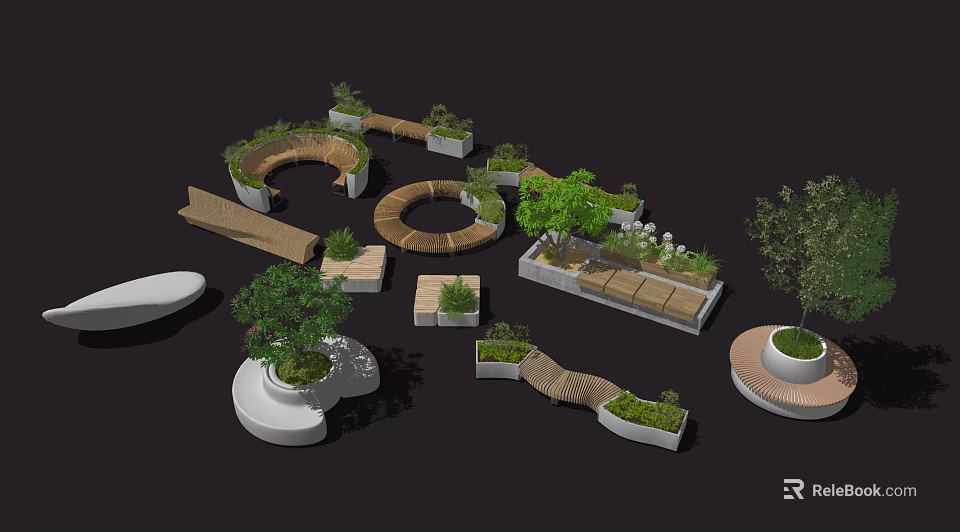 Creative Landscape Seats with Circular Wooden Structures and Lush Green Plants 3d model