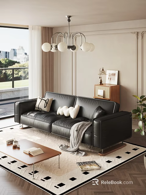 Modern Living Room With Black Leather Sofa Throw Pillows And City View Through Large Windows 3d model 