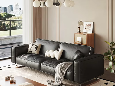 Modern Living Room With Black Leather Sofa Throw Pillows And City View Through Large Windows 3d model