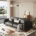 Modern Living Room With Black Leather Sofa Throw Pillows And City View Through Large Windows