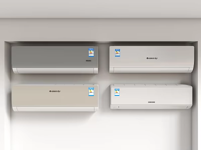 Wall Mounted Air Conditioners in White and Gray Colors with Brand Labels on White Wall 3d model
