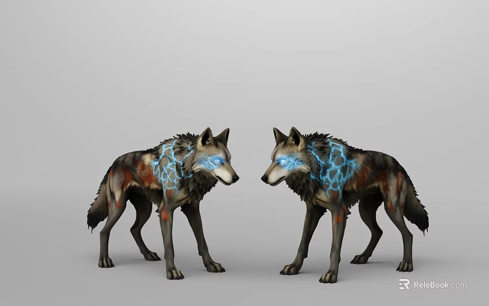 Two Wolves With Blue Lightning Patterns Facing Each Other Artwork Design 3d model 