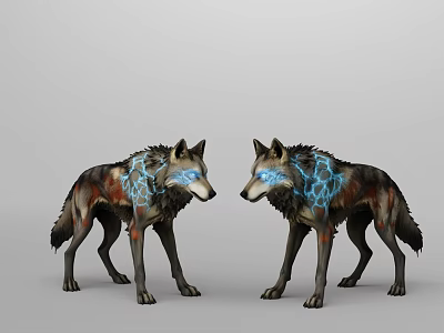Two Wolves With Blue Lightning Patterns Facing Each Other Artwork Design 3d model