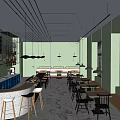 Café Interior Design With Light Green Walls Hanging Lights Bar Counter Stools Tables And Windows