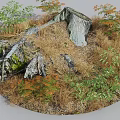 Natural Garden Ornament with Tree Stump Dry Grass and Green Orange Ferns Plants
