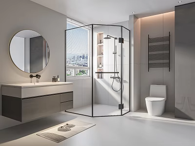 Modern Bathroom Interior Design With Round Mirror Vanity Glass Shower Enclosure And Natural Light 3d model