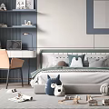 Modern Kids Room Interior Design With Blue White Bed Desk Bookshelf Toys And Carpet
