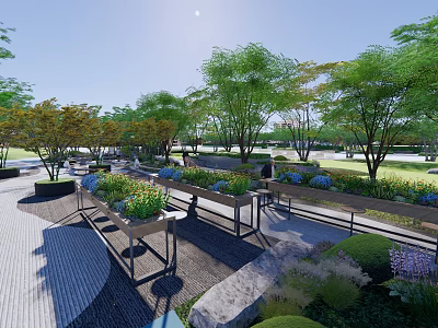 Sunny Courtyard Garden With Wooden Planter Boxes Lush Trees And Stone Pathway 3d model
