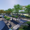 Sunny Courtyard Garden With Wooden Planter Boxes Lush Trees And Stone Pathway