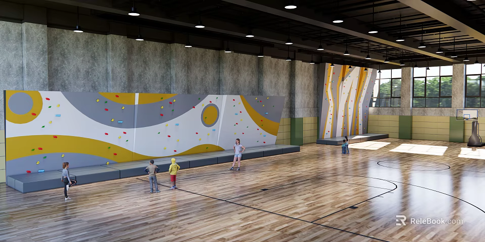 Indoor Rock Climbing Wall Fitness Training With People Exercising On Wooden Floor 3d model 