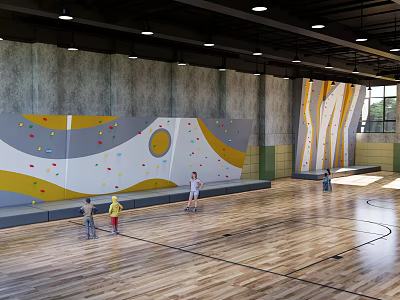 Indoor Rock Climbing Wall Fitness Training With People Exercising On Wooden Floor 3d model