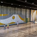 Indoor Rock Climbing Wall Fitness Training With People Exercising On Wooden Floor