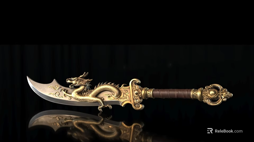 Decorative Weapon With Golden Dragon Design Brown Leather Handle And Reflection 3d model 