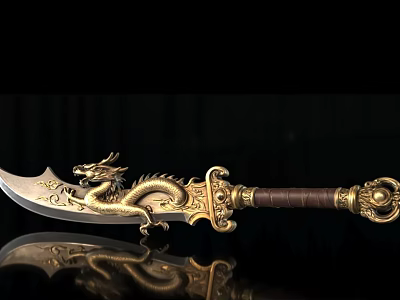 Decorative Weapon With Golden Dragon Design Brown Leather Handle And Reflection 3d model