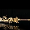 Decorative Weapon With Golden Dragon Design Brown Leather Handle And Reflection