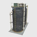 Industrial Storage Tanks With Ladders Pipes Top Platform And Bottom Warning Stripes Design