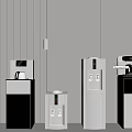 Water Dispensers With Different Designs And Colors Placed Against Light Wall With Vertical Line Decor