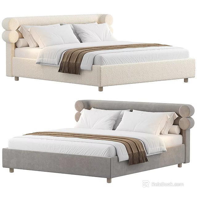 Stylish Double Bed with Knobbed Headboard Beige Gray Frame and White Pillows Bedding 3d model 