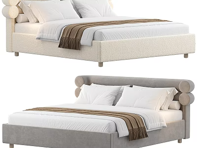 Stylish Double Bed with Knobbed Headboard Beige Gray Frame and White Pillows Bedding 3d model