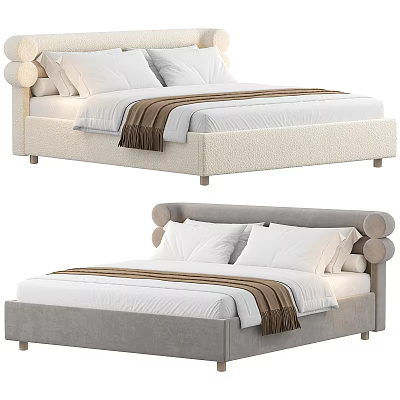 Stylish Double Bed with Knobbed Headboard Beige Gray Frame and White Pillows Bedding 3d model