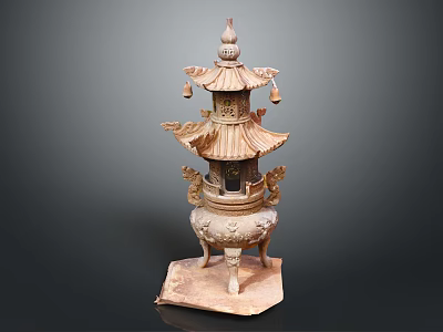 Traditional Multi tiered Pagoda Ornament Set With Carved Details And Bells On Hexagonal Base 3d model