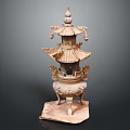 Traditional Multi tiered Pagoda Ornament Set With Carved Details And Bells On Hexagonal Base