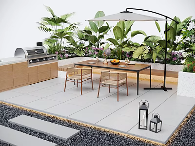 Courtyard Garden With Outdoor Grill Wooden Table Chairs Umbrella Green Plants Stone Tiles And Lanterns 3d model