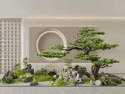 Indoor Landscape Design With Pine Tree Stones Plants And Circular Grid Wall 3d model