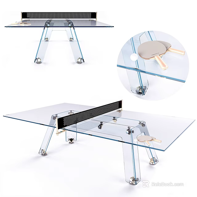 Modern Transparent Glass Ping Pong Table With Wheels And Wooden Paddles Including Ball Design 3d model 