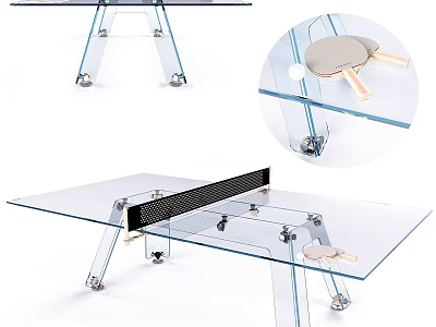 Modern Transparent Glass Ping Pong Table With Wheels And Wooden Paddles Including Ball Design 3d model