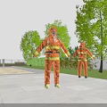 Two Firefighters in Orange Suits Standing Outdoor With Trees and Blue Sky